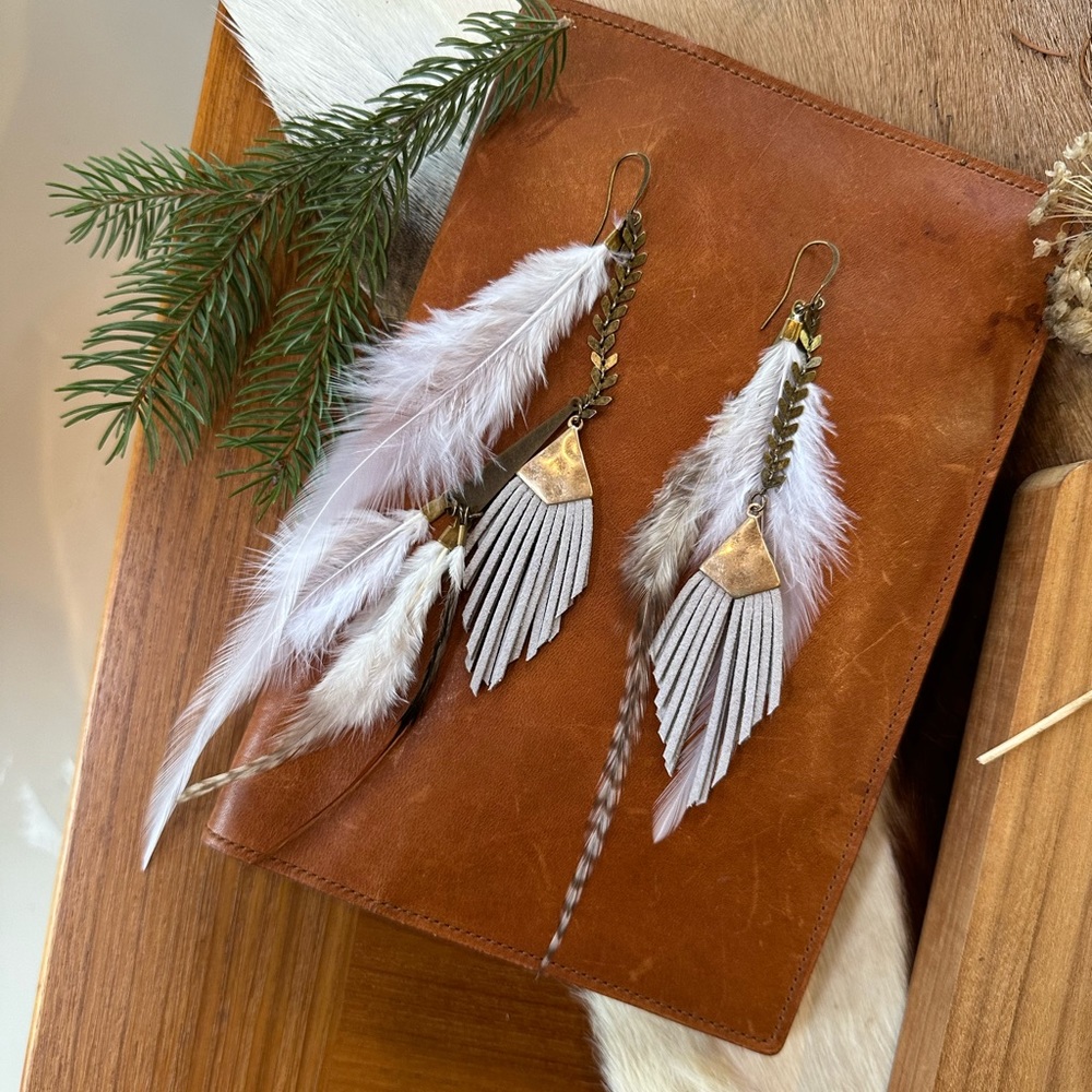 Suede Fringe Arrow Feather Antique Brass Bohemian Statement Earrings - Picture 9 of 11